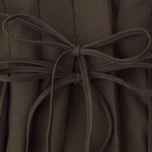 Elegant dark brown V-neck dress featuring pleated texture and waist tie-up detail