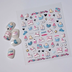 Cute 5D embossed cartoon nail art stickers with rabbits and hearts for DIY manicure