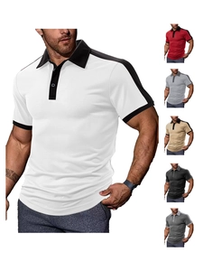 Detailed view of color-block short sleeve Polo shirt available in six different colors