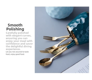 Macro shot of polished gold stainless steel dessert forks and spoons in ceramic jar
