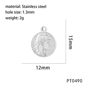 Detailed dimensions of silver stainless steel coin pendant with side profile portrait