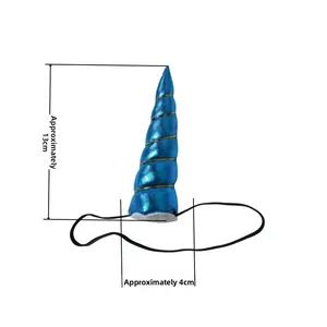 Blue unicorn horn accessory with gold spiral detail and dimensions showing 13cm height