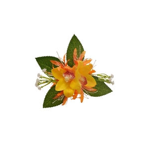 Tropical style fabric orchid hair clip with yellow and orange petals and green leaves