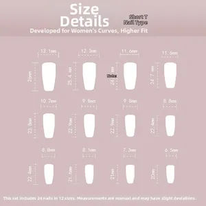 Size chart for short T-shaped press-on nails with 12 dimensions in mm for 24 piece set