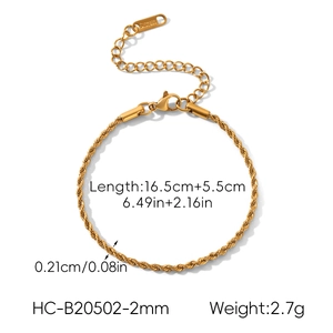Detail of 2mm 18k gold plated stainless steel rope chain bracelet with lobster clasp