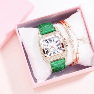 Elegant ladies quartz watch set with square rose gold case and green leather strap
