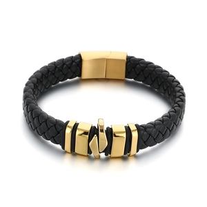 Bracciale da uomo in pelle nera intrecciata con chiusura magnetica in acciaio inossidabile oro