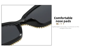 Detail of comfortable integrated nose pads on rhinestone-studded square sunglasses