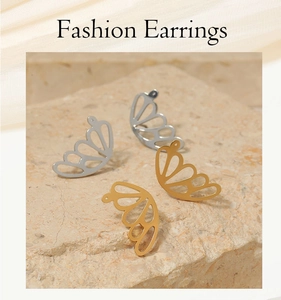 Detail of 316 stainless steel earrings with hollow wing design in gold and silver