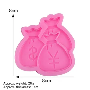 Pink money bag silicone mold with dollar and yen symbols for fondant and baking cake decor