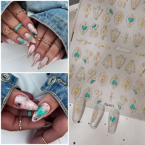 5D Embossed Nail Art Stickers Bohemia Turquoise Gold Stamping Moon Star Heart Self Adhesive Waterproof DIY Manicure Accessory