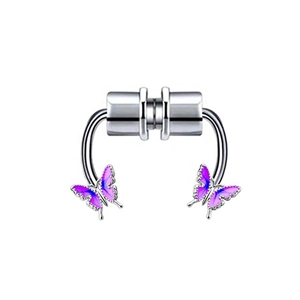 Detailed macro view of silver magnetic nose ring featuring purple gradient butterfly charms