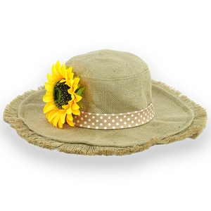 Linen sunflower sun hat with frayed brim and polka dot ribbon for summer beach vacation