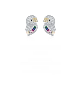 Detail of S925 silver parrot earrings with colorful crystals and cubic zirconia