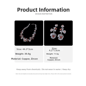 Macro detail of vintage rose necklace and earring set with cubic zirconia and copper