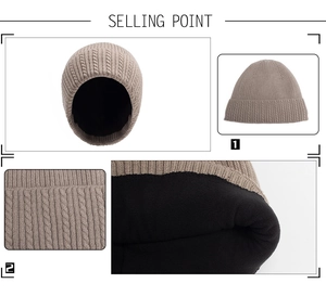 Detail view of khaki knit beanie with warm black fleece lining and cable knit texture