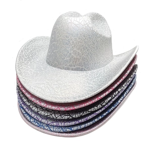 Close-up of glittery western cowboy hats in multiple colors with cracked ice patterns