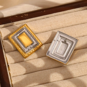 Elegant geometric rectangle earrings in two-tone 18K gold and silver stainless steel