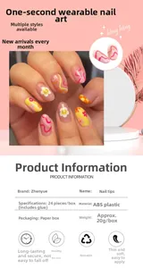 Detail view of round press-on nails featuring sunflower patterns and wavy lines