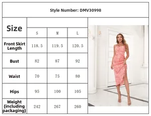 Size chart showing measurements for pink floral halter neck backless dress