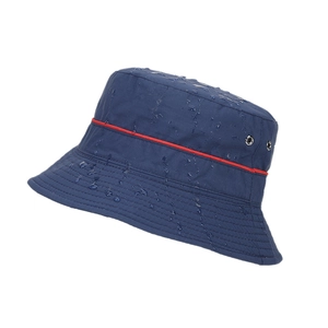 Waterproof dark blue bucket hat with red stitching and metal vents on white background