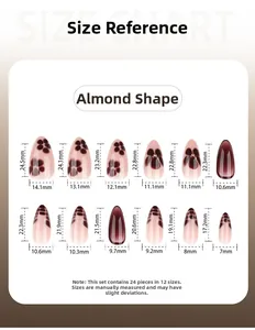 Size chart for short almond press-on nails with 12 sizes and specific measurements