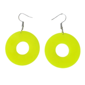 Detailed close-up of fluorescent yellow circular acrylic earrings with silver hooks
