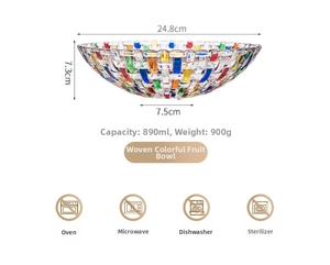Detailed dimensions of a colorful woven texture glass fruit bowl with 24.8cm diameter