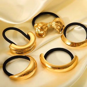5-piece set of 18K gold-plated stainless steel hair ties with bow and curved metal rings