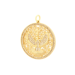 Gold round pendant with peace dove, cross design and sparkling cubic zirconia stones