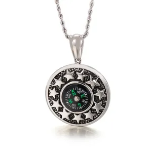 Stainless Steel Compass Pendant Functional Round Star Relief Punk Vintage Outdoor Jewelry For Men