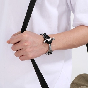 Men's Viking Thor hammer leather bracelet with silver anchor and compass metal accents