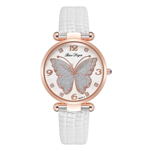 Women's quartz watch featuring a rose gold case and silver glitter butterfly dial design