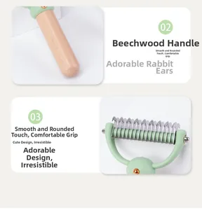 Detail of beech wood handle and stainless steel de-matting blades with bunny ear design