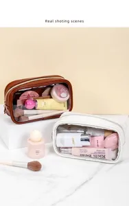 Detail of premium translucent makeup bags with leather trim and gold zipper closures