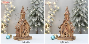 Dual side views of a glowing wooden Christmas church with glitter and rustic twig accents