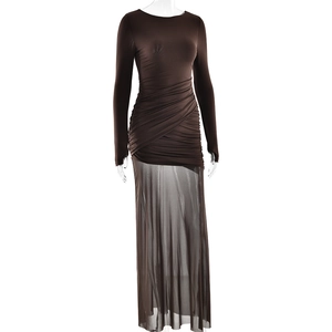 Detail of dark brown long-sleeve dress with mesh skirt and gathered ruched bodice detail