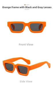 Front and side views of orange rectangular sunglasses with thick frames and dark lenses