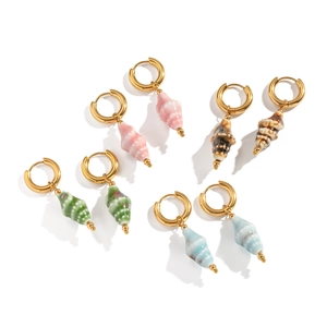 Elegant gold hoop earrings with colorful ceramic conch shell pendants for beach wear