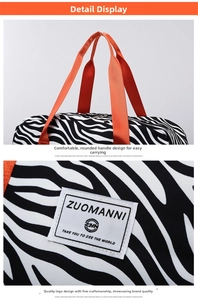 Détails du sac à main zébré avec des sangles orange vif et une étiquette de marque tissée