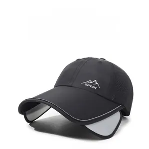 Close-up of black quick-dry baseball cap featuring retractable side sun visors and mesh fabric