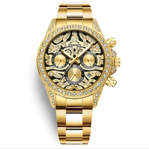 Montre Quartz Homme Luxe Lumineux Étanche Calendrier Lunette Strass Cadran Squelette Business Mode Sportive Poignet