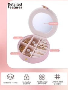 Détails de la boîte à bijoux rose avec miroir intérieur et rangement multifonctionnel