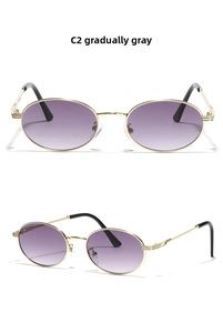 Detailed view of oval metal sunglasses with gradient grey lenses and engraved golden temples