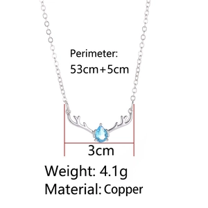 Detailed specs of reindeer antler necklace with blue gemstone and copper chain size