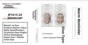 Detailed view of pink French manicure press-on nails set with pearls and package info