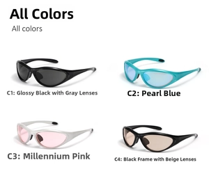 Detail view of four color variants of Y2K futuristic wrap-around sporty sunglasses
