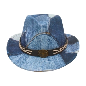 Detailed shot of denim patchwork fedora featuring a vintage bull head metal emblem buckle