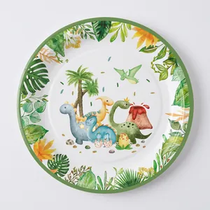 Detailed view of disposable paper plates with watercolor dinosaur party illustrations
