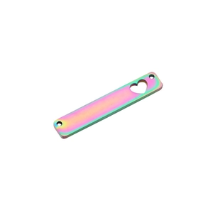 Close-up of rainbow gradient rectangular pendant with heart cutout and dual holes